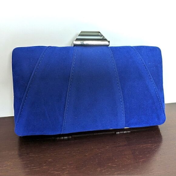JNB Blue Faux Micro Suede Dress Handbag with Optional Chain Strap - Picture 3 of 11